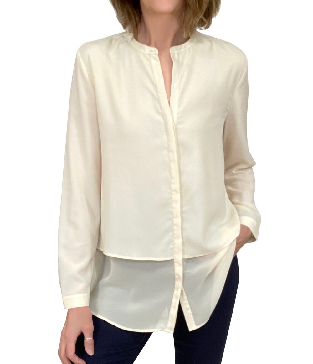 DKNYC Layered Button Down Tunic Sz S Buttercream Blouse Band Collar Long Sleeve